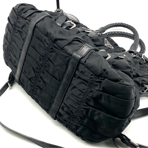PRADA TESSUTO GAUFRE BLACK LEATHER NYLON TOTE CROSSBODY SATCHEL LOGO ZIP LARGE - Picture 7 of 11
